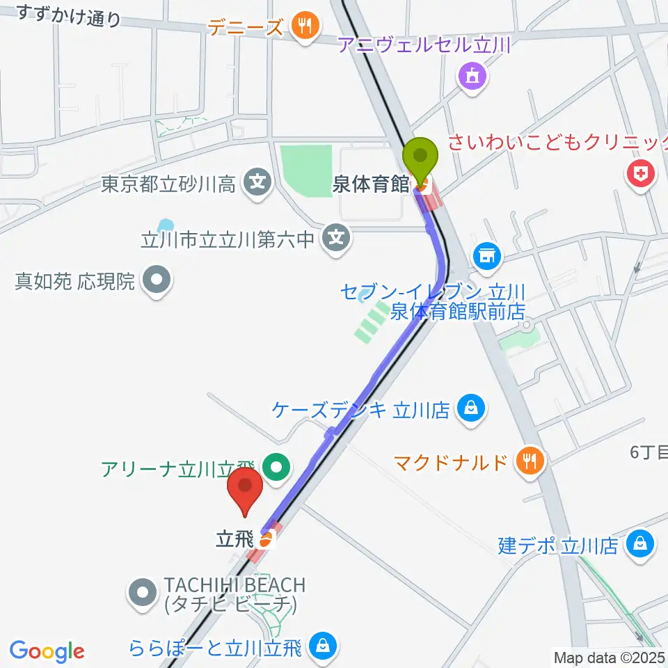 泉体育館駅からドーム立川立飛へのルートマップ地図