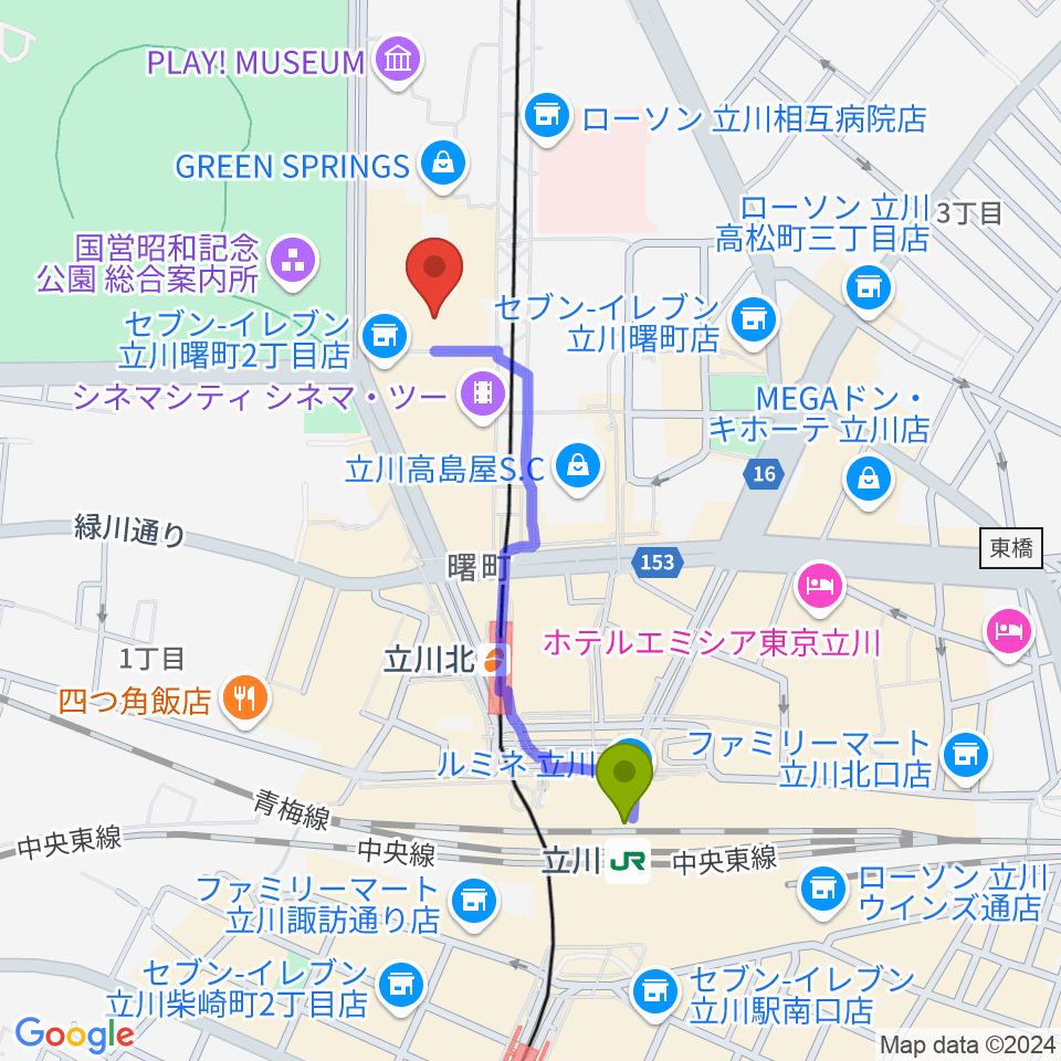 立川駅からたましん美術館へのルートマップ地図