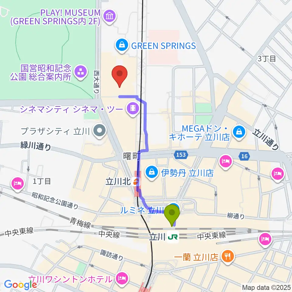 立川駅からたましん美術館へのルートマップ地図