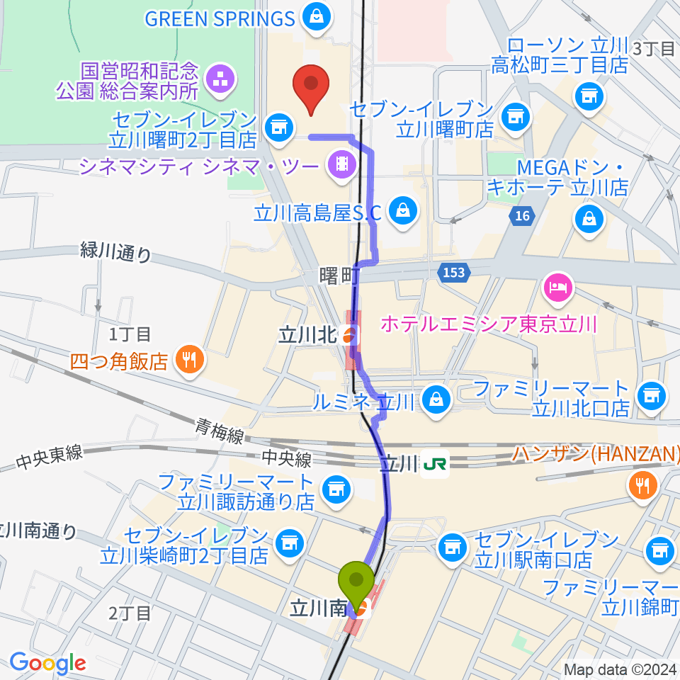 立川南駅からたましん美術館へのルートマップ地図