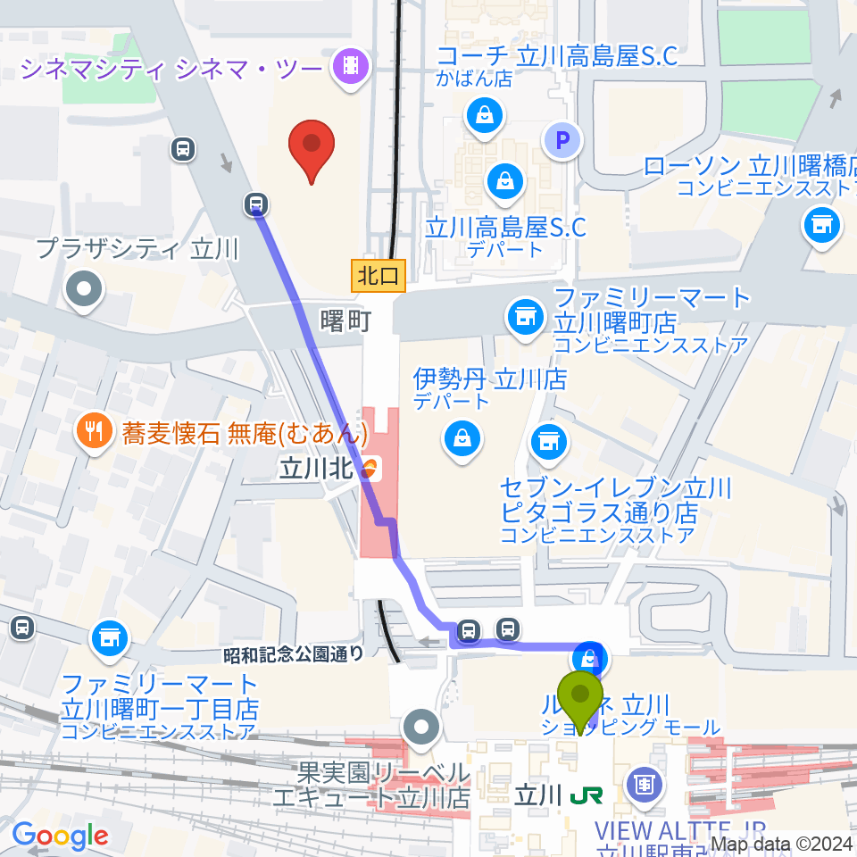 立川駅からHMV立川へのルートマップ地図