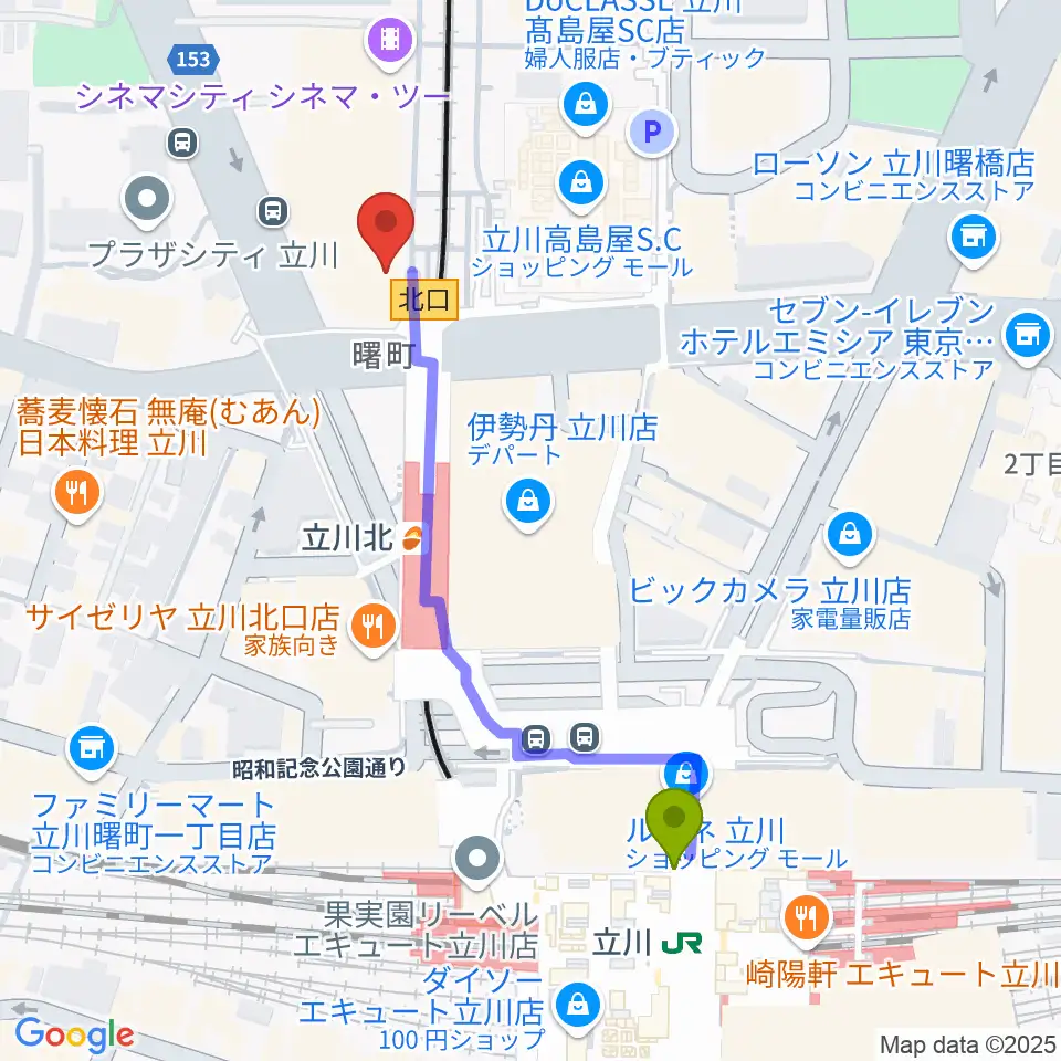 立川駅からHMV立川へのルートマップ地図