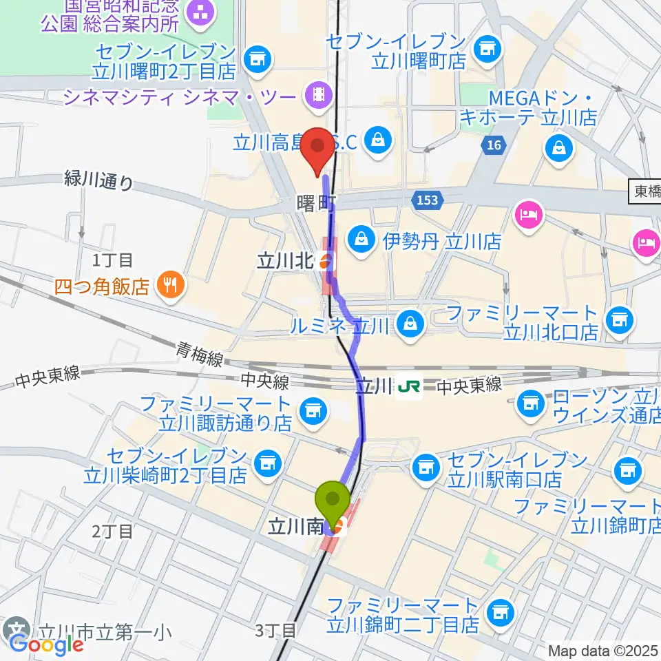 立川南駅からHMV立川へのルートマップ地図