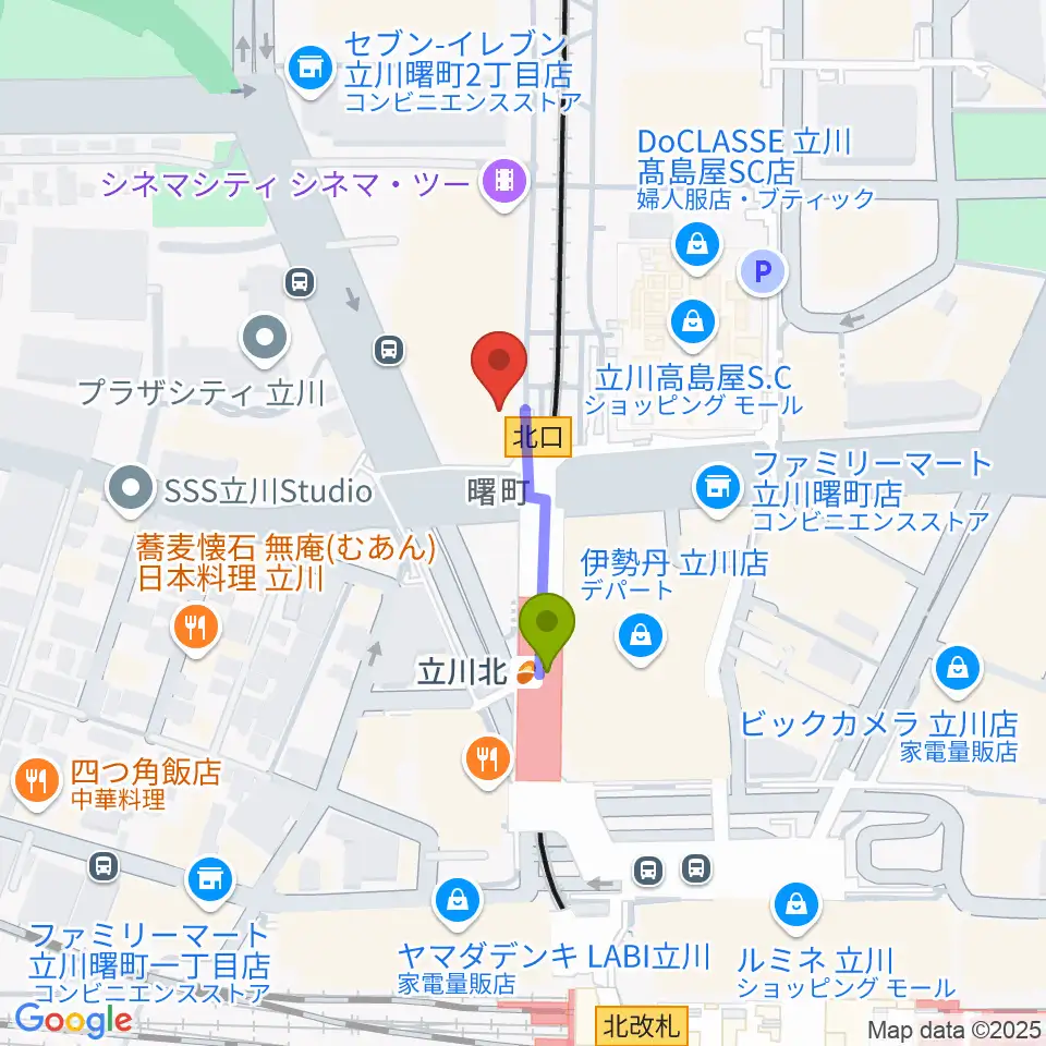 HMV立川の最寄駅立川北駅からの徒歩ルート（約2分）地図