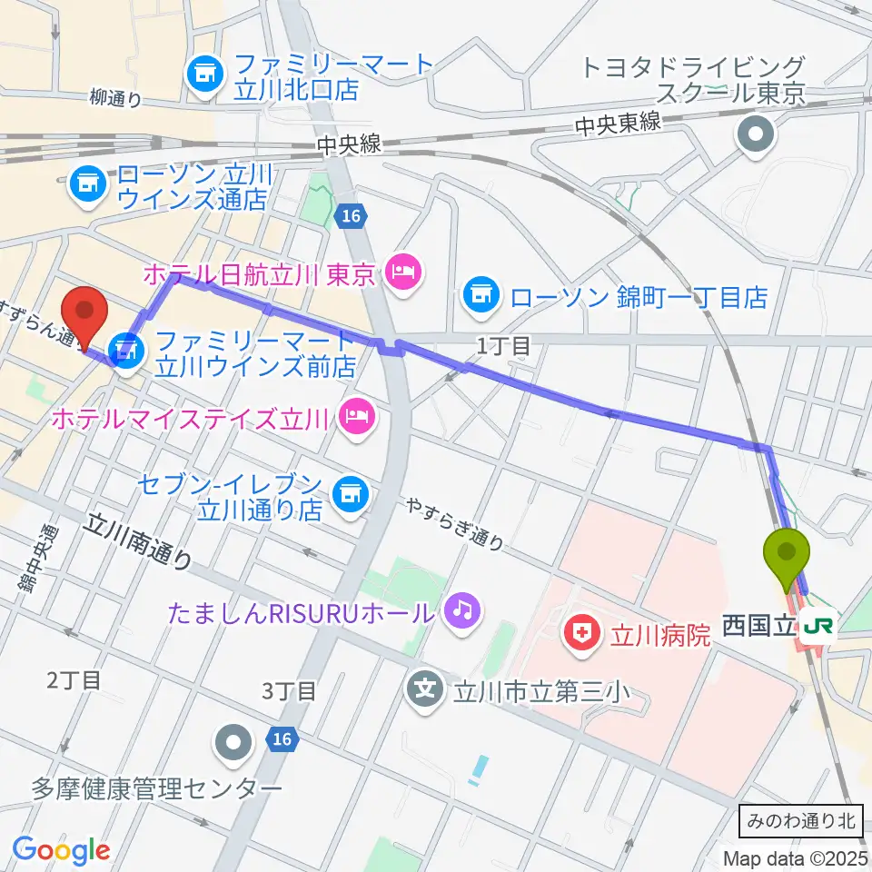 西国立駅から楽器奏庫 立川店へのルートマップ地図