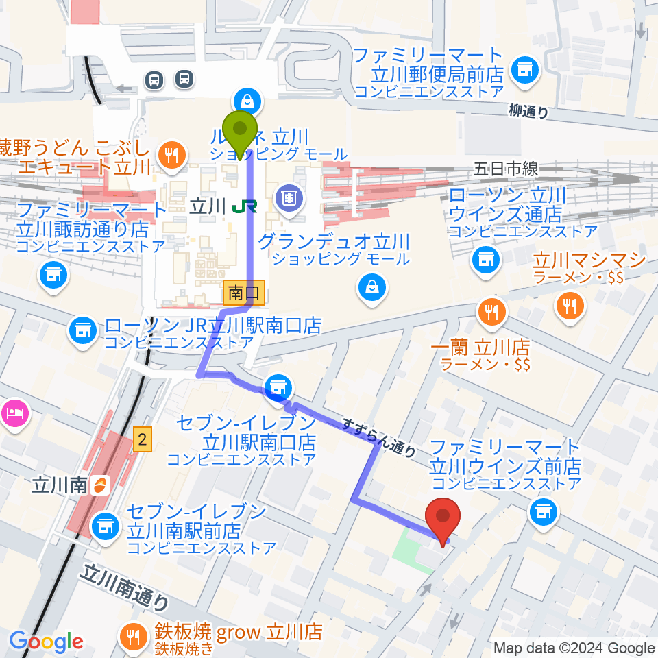 立川駅から楽器奏庫 立川店へのルートマップ地図