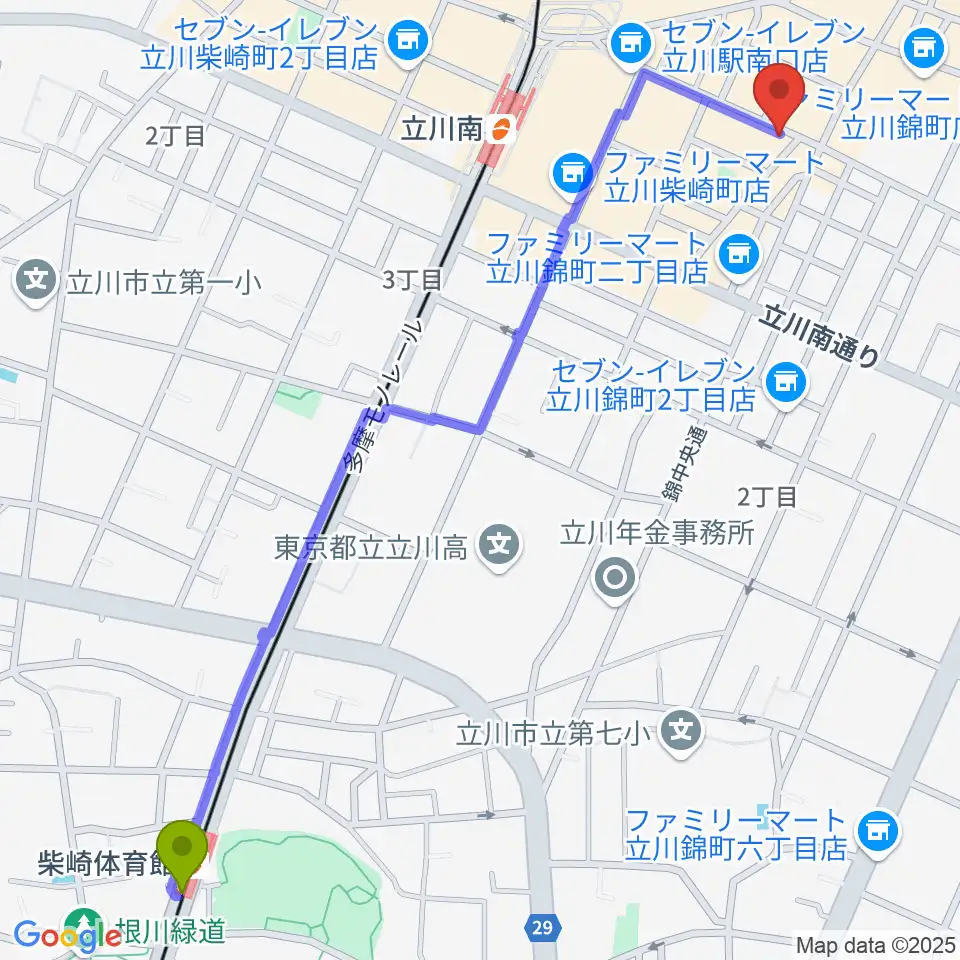 柴崎体育館駅から楽器奏庫 立川店へのルートマップ地図