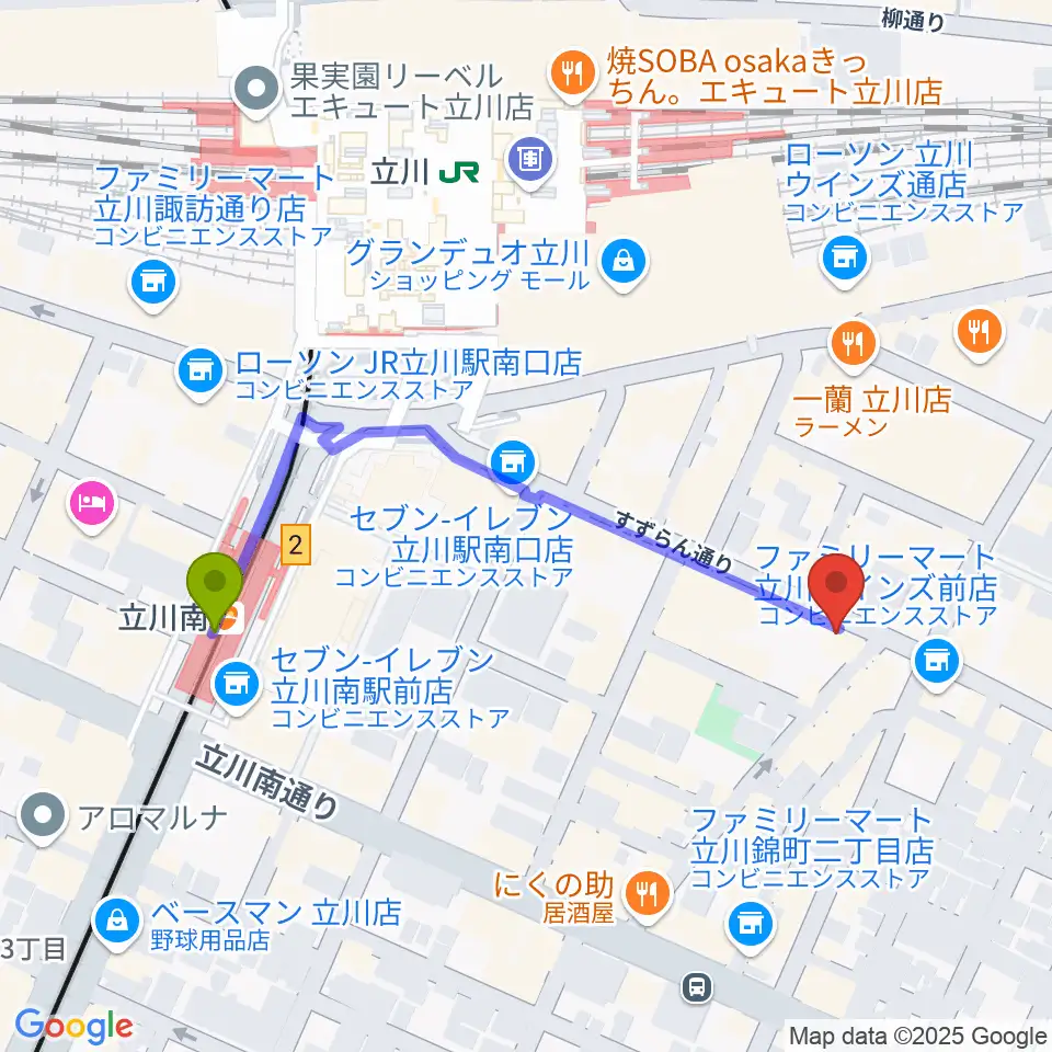 楽器奏庫 立川店の最寄駅立川南駅からの徒歩ルート（約4分）地図