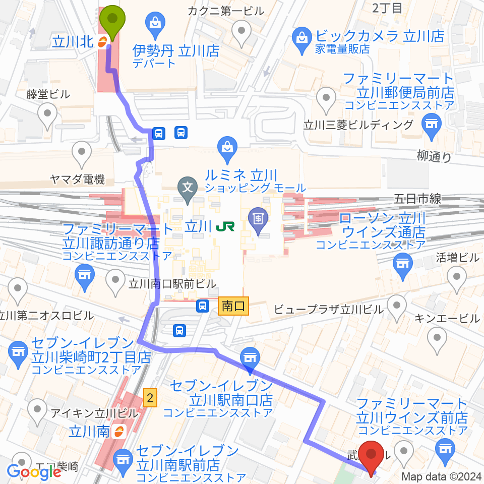 立川北駅から楽器奏庫 立川店へのルートマップ地図