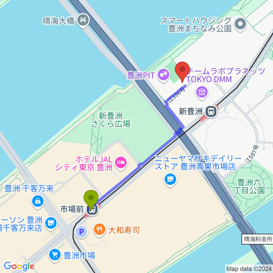 市場前駅からMIFA Football Park豊洲へのルートマップ地図