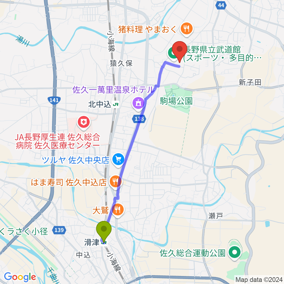 滑津駅から長野県立武道館へのルートマップ地図