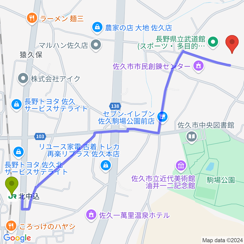 長野県立武道館の最寄駅北中込駅からの徒歩ルート（約17分）地図