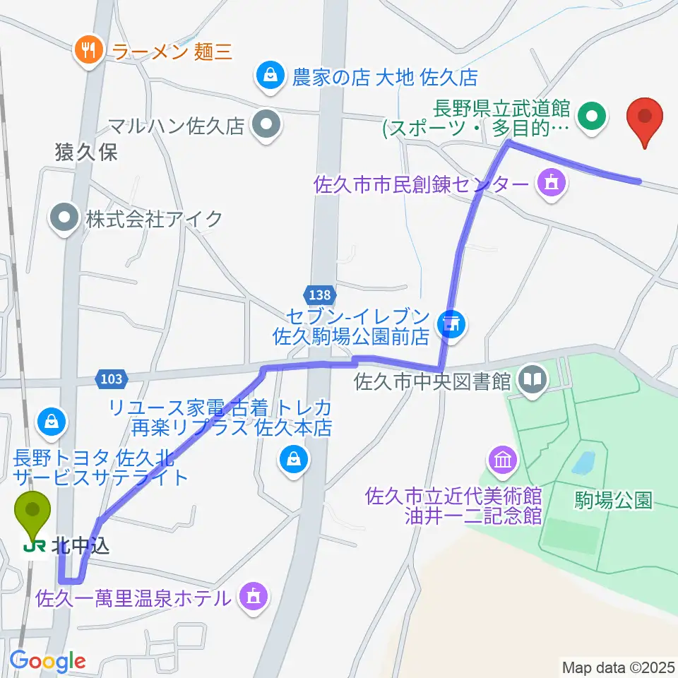 長野県立武道館の最寄駅北中込駅からの徒歩ルート（約17分）地図