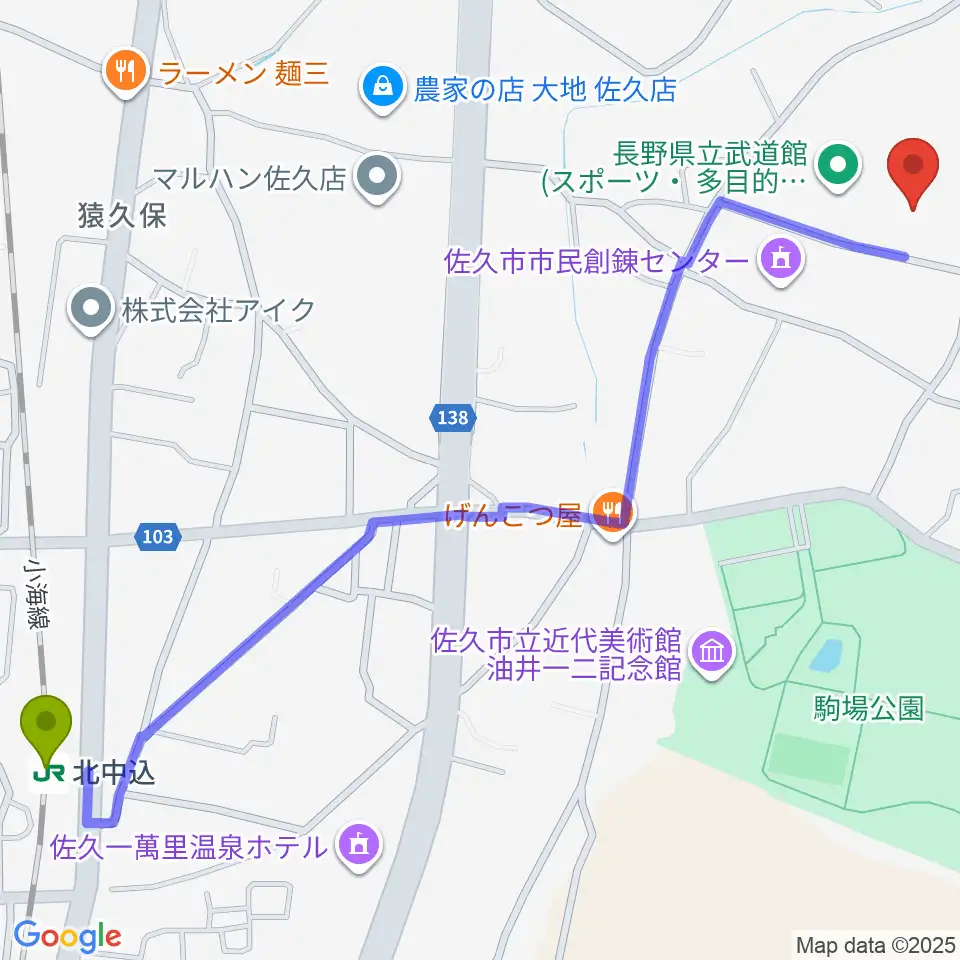 長野県立武道館の最寄駅北中込駅からの徒歩ルート（約17分）地図