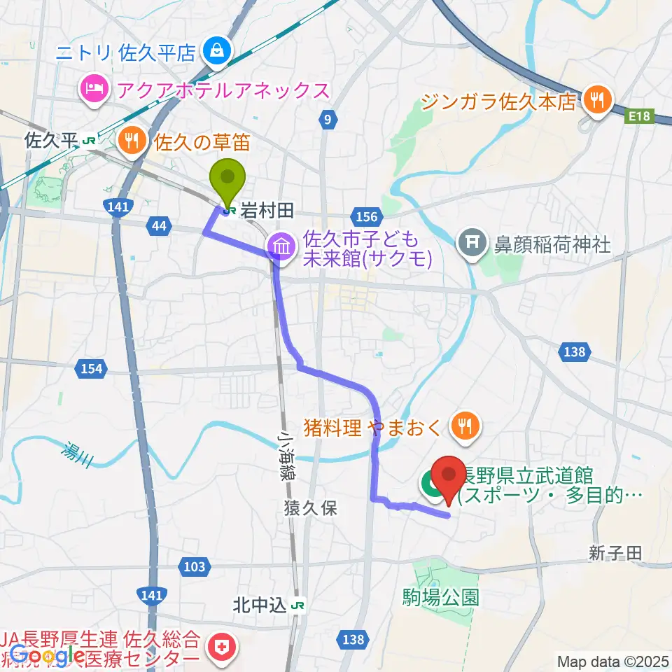 岩村田駅から長野県立武道館へのルートマップ地図