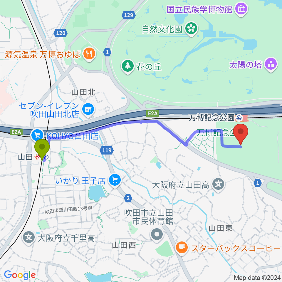 山田駅から大阪万博記念公園アリーナ（仮） へのルートマップ地図