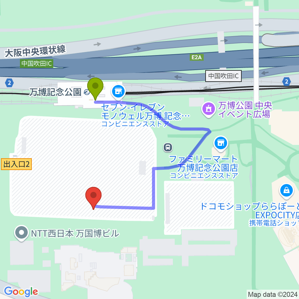 大阪万博記念公園アリーナ（仮） の最寄駅万博記念公園駅からの徒歩ルート（約3分）地図