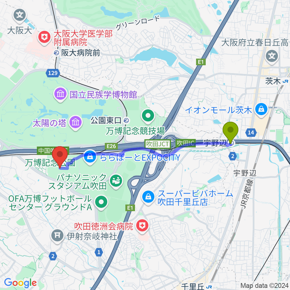 宇野辺駅から大阪万博記念公園アリーナ 仮 へのルートマップ Mdata