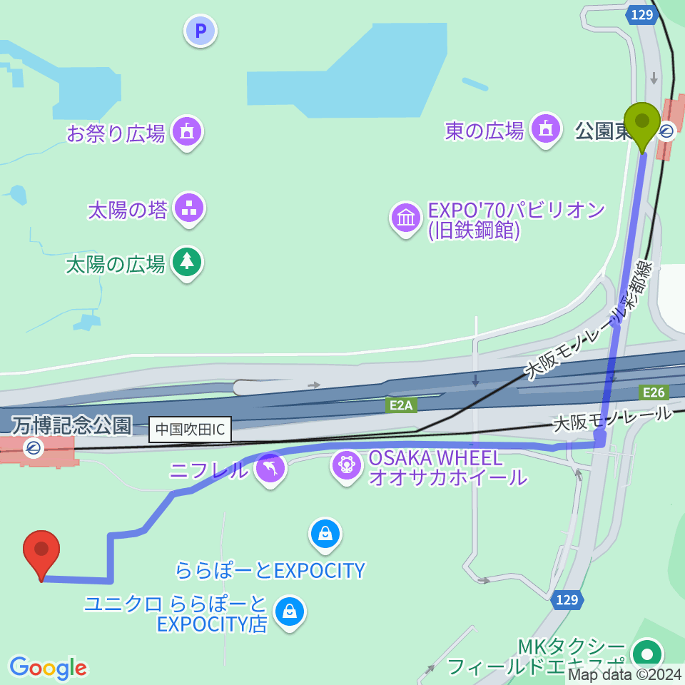 公園東口駅から大阪万博記念公園アリーナ（仮） へのルートマップ地図