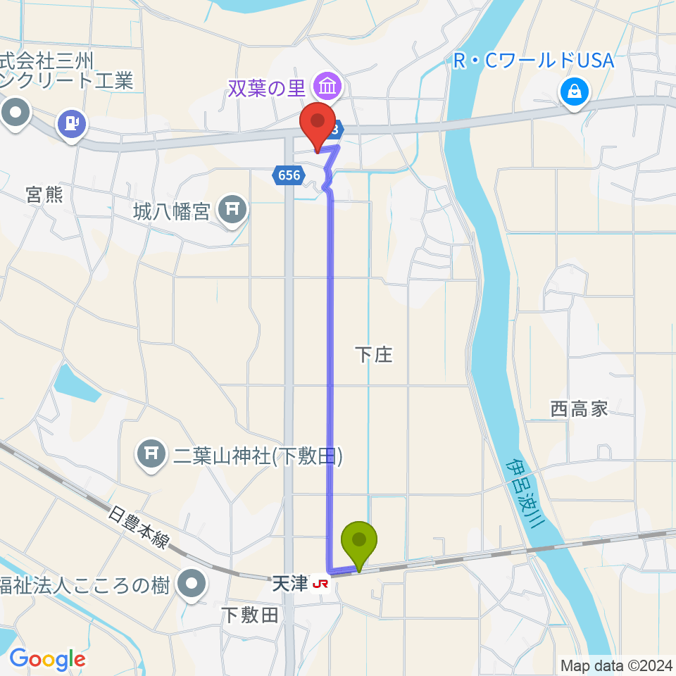 音小屋REBOOTの最寄駅天津駅からの徒歩ルート（約20分）地図