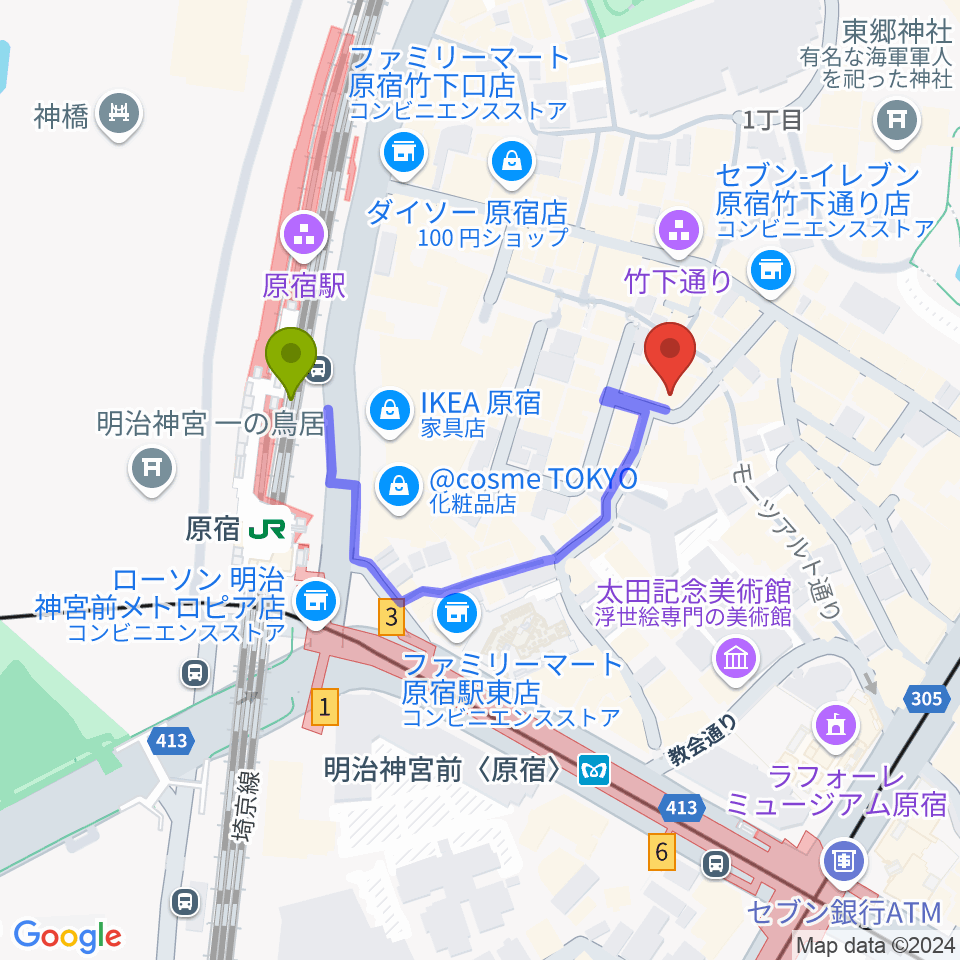 原宿RUIDEの最寄駅原宿駅からの徒歩ルート（約3分）地図