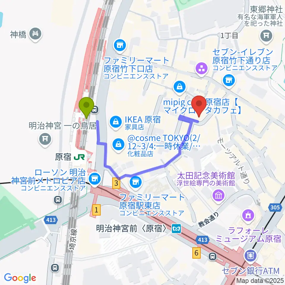 原宿RUIDEの最寄駅原宿駅からの徒歩ルート（約3分）地図