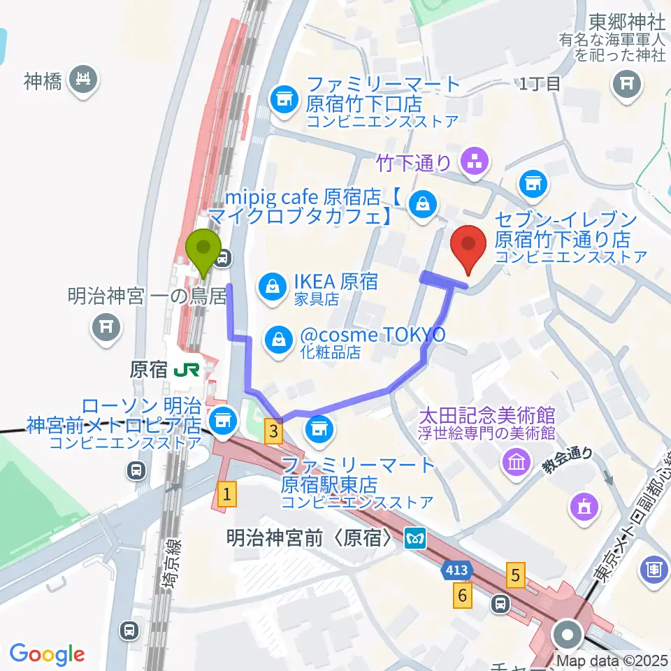 原宿RUIDEの最寄駅原宿駅からの徒歩ルート（約3分）地図