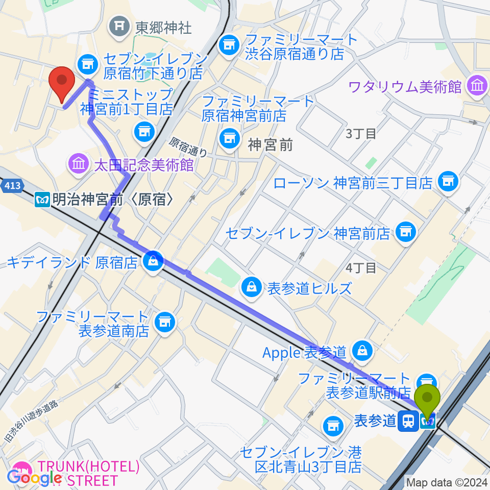 表参道駅から原宿RUIDEへのルートマップ地図