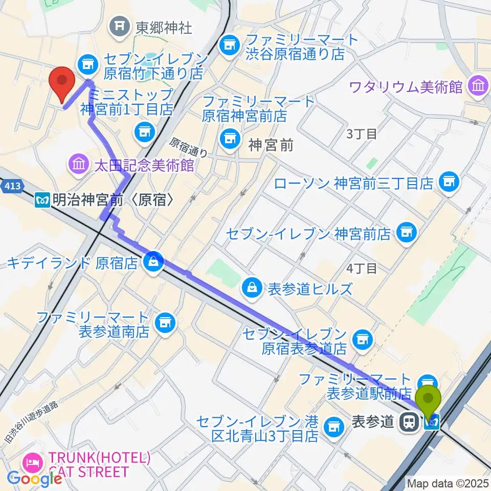 表参道駅から原宿RUIDEへのルートマップ地図