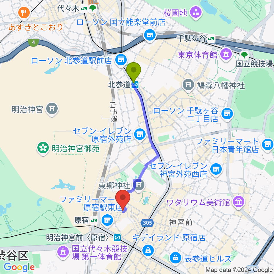 北参道駅から原宿RUIDEへのルートマップ地図