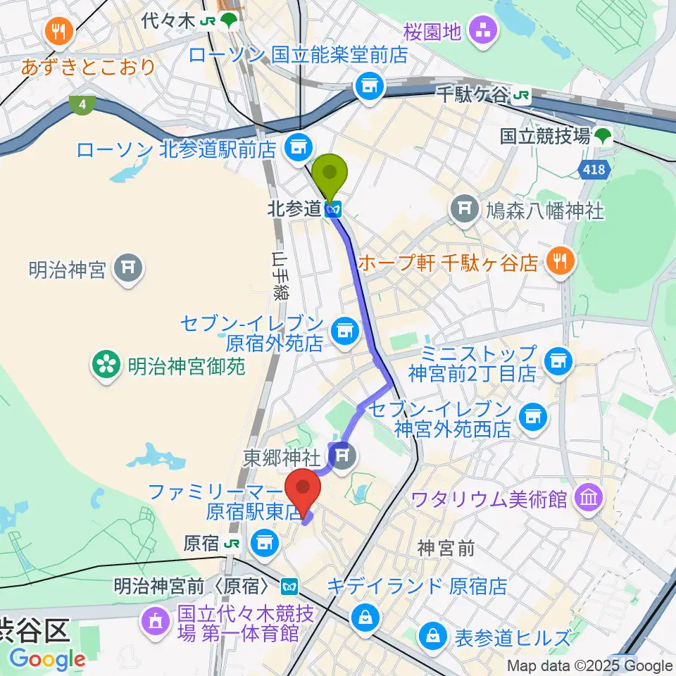 北参道駅から原宿RUIDEへのルートマップ地図