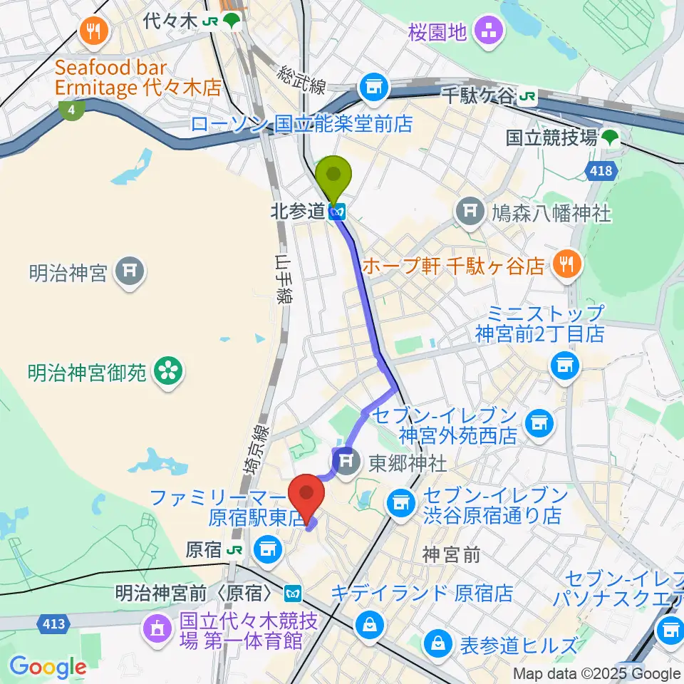北参道駅から原宿RUIDEへのルートマップ地図