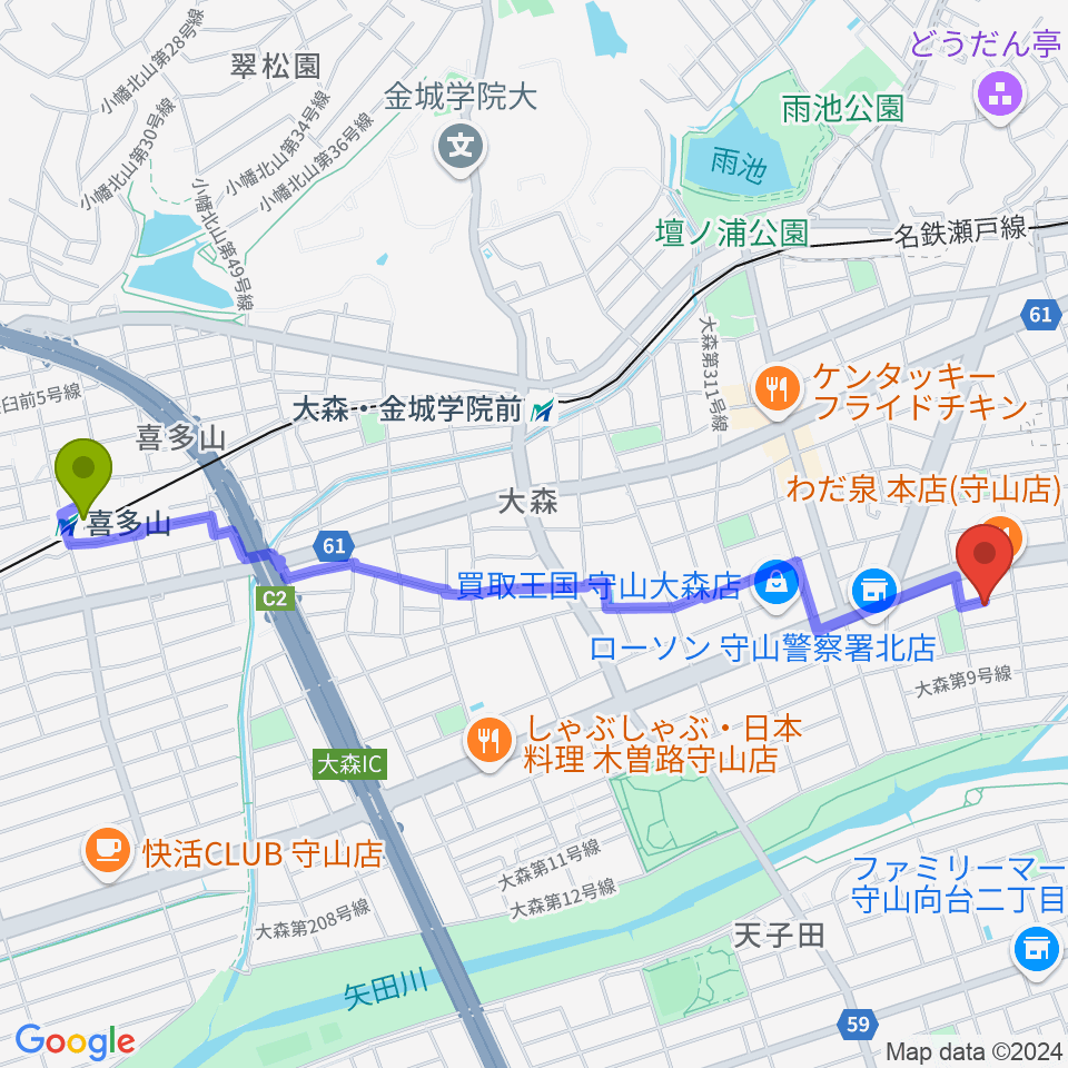 喜多山駅から藤チェロ教室へのルートマップ地図