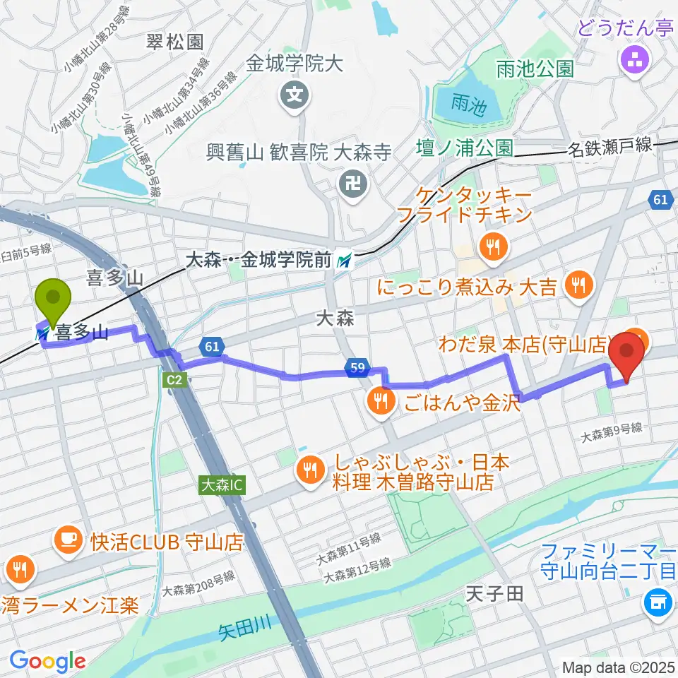 喜多山駅から藤チェロ教室へのルートマップ地図