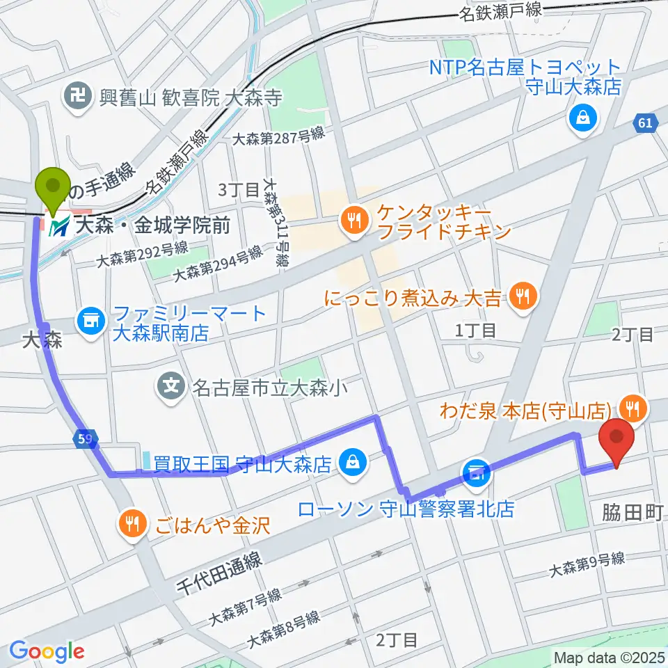 藤チェロ教室の最寄駅大森・金城学院前駅からの徒歩ルート（約14分）地図