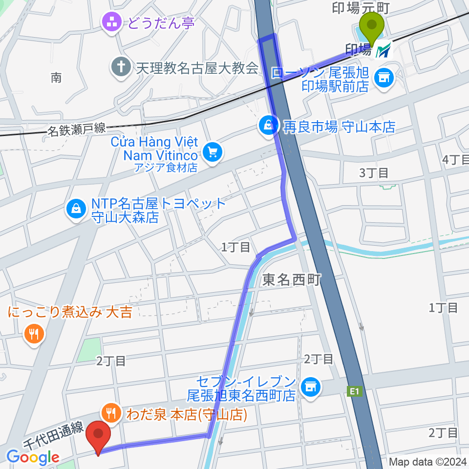 印場駅から藤チェロ教室へのルートマップ地図