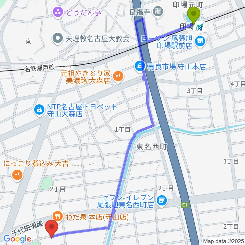 印場駅から藤チェロ教室へのルートマップ地図