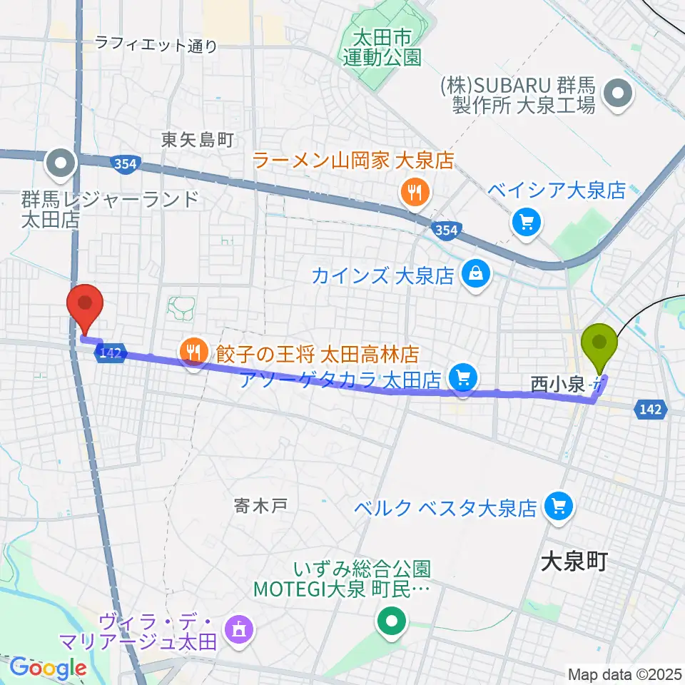 のむらピアノ教室の最寄駅西小泉駅からの徒歩ルート（約47分）地図