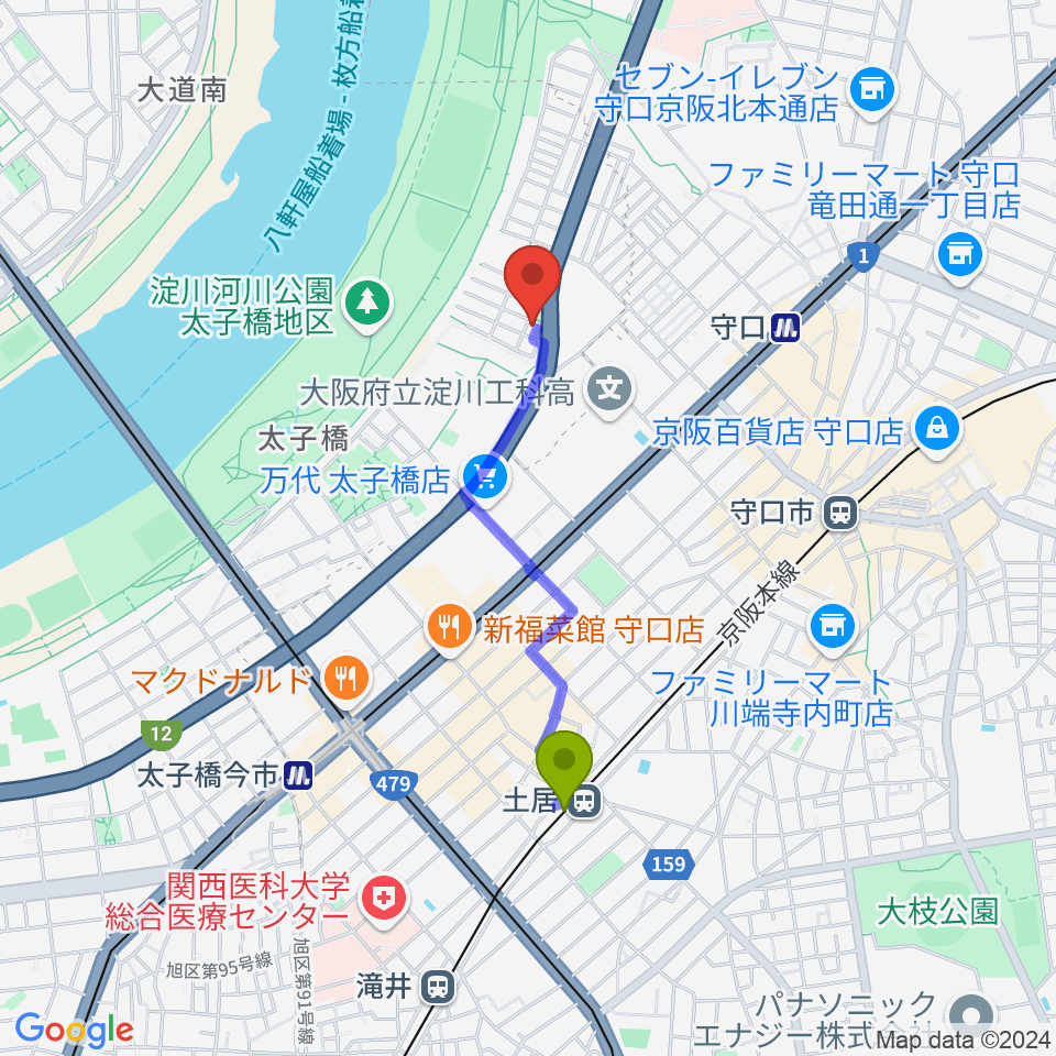 土居駅から安江ギター・ウクレレ教室へのルートマップ地図