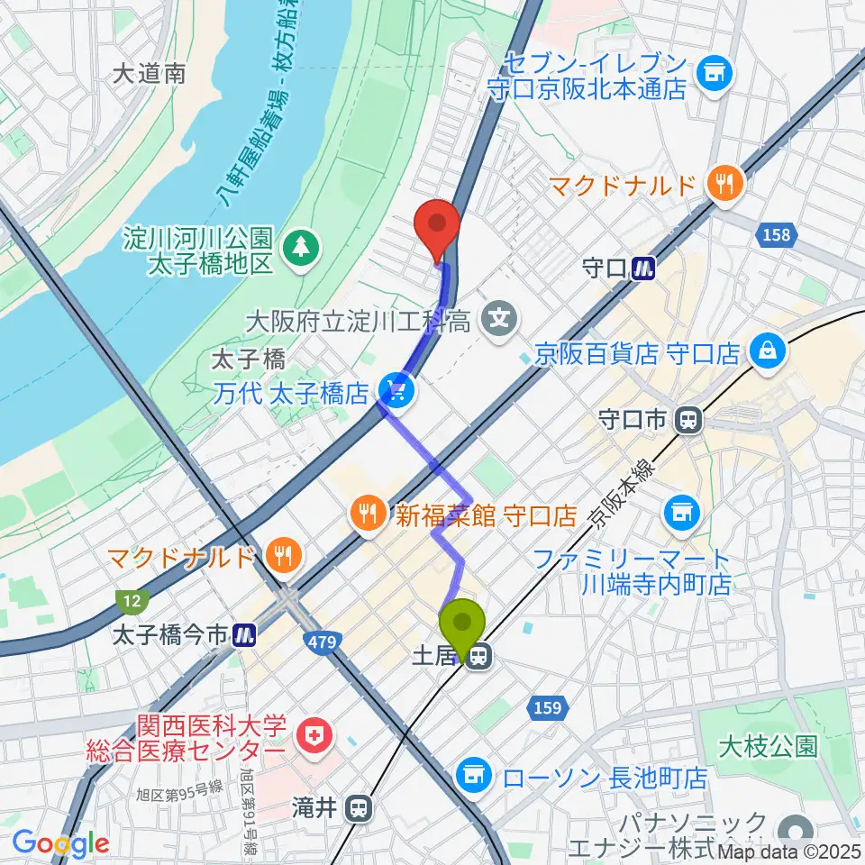 土居駅から安江ギター・ウクレレ教室へのルートマップ地図