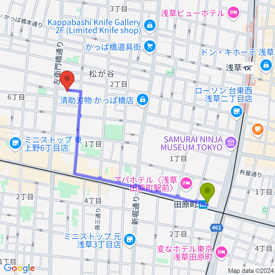 田原町駅からアキバ音楽教室へのルートマップ地図