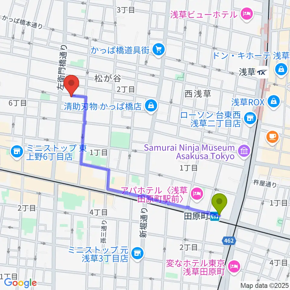 田原町駅からアキバ音楽教室へのルートマップ地図