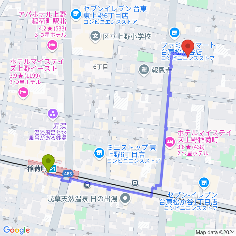 アキバ音楽教室の最寄駅稲荷町駅からの徒歩ルート（約6分）地図