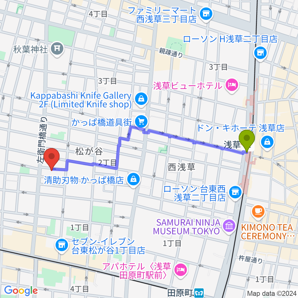 浅草駅からアキバ音楽教室へのルートマップ地図