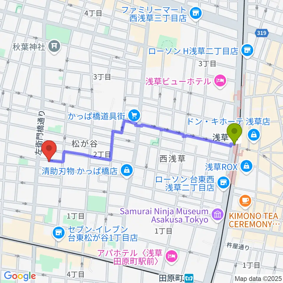 浅草駅からアキバ音楽教室へのルートマップ地図