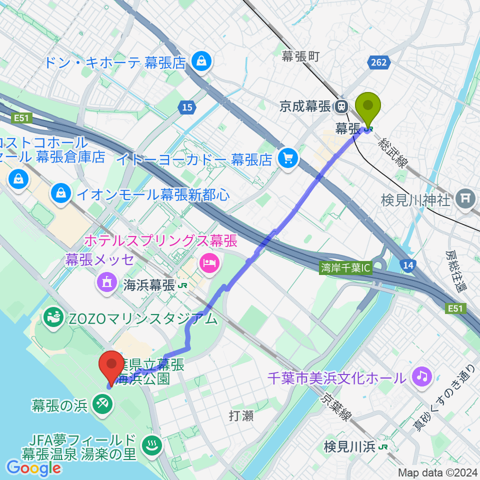 幕張駅から高円宮記念JFA夢フィールドへのルートマップ地図