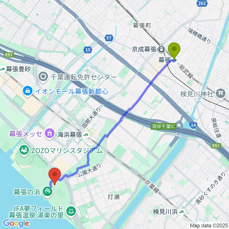 幕張駅からJFA夢フィールドAピッチへのルートマップ地図