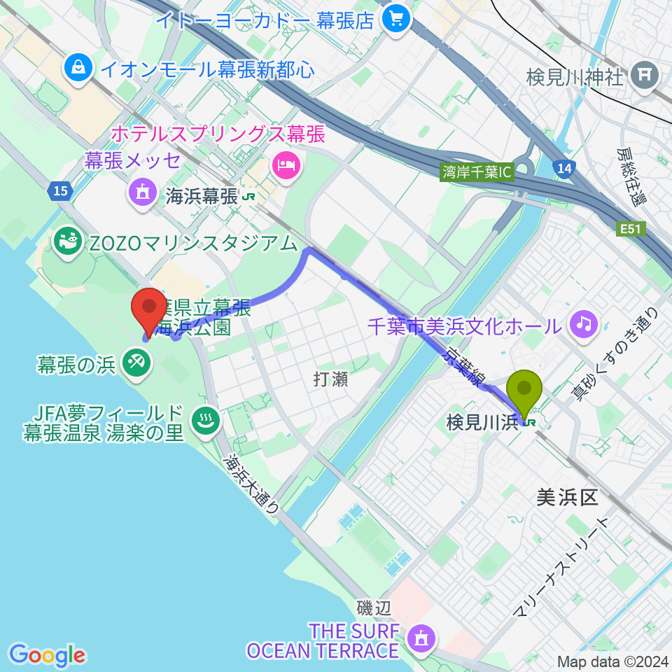 検見川浜駅から高円宮記念JFA夢フィールドへのルートマップ地図