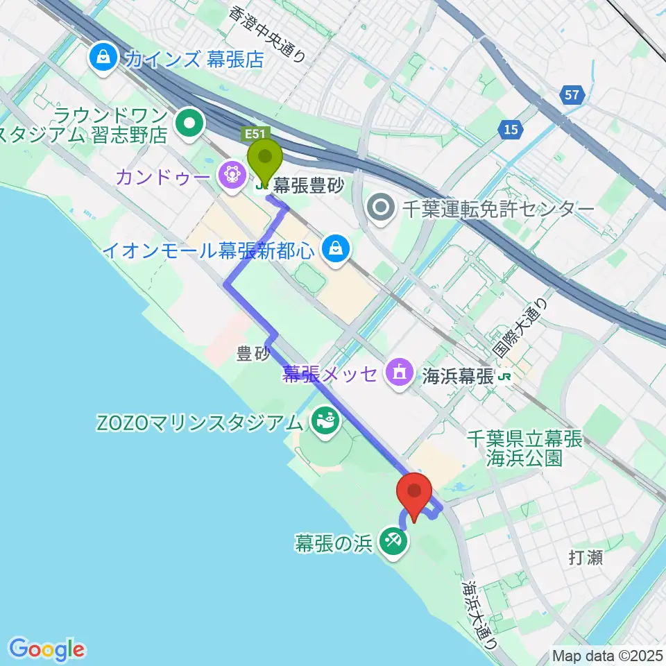 幕張豊砂駅からJFA夢フィールドAピッチへのルートマップ地図