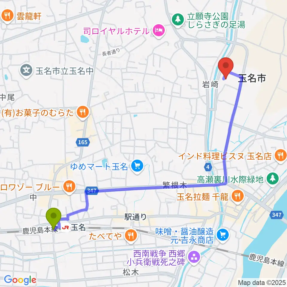 玉名市民会館ホールの最寄駅玉名駅からの徒歩ルート（約26分）地図